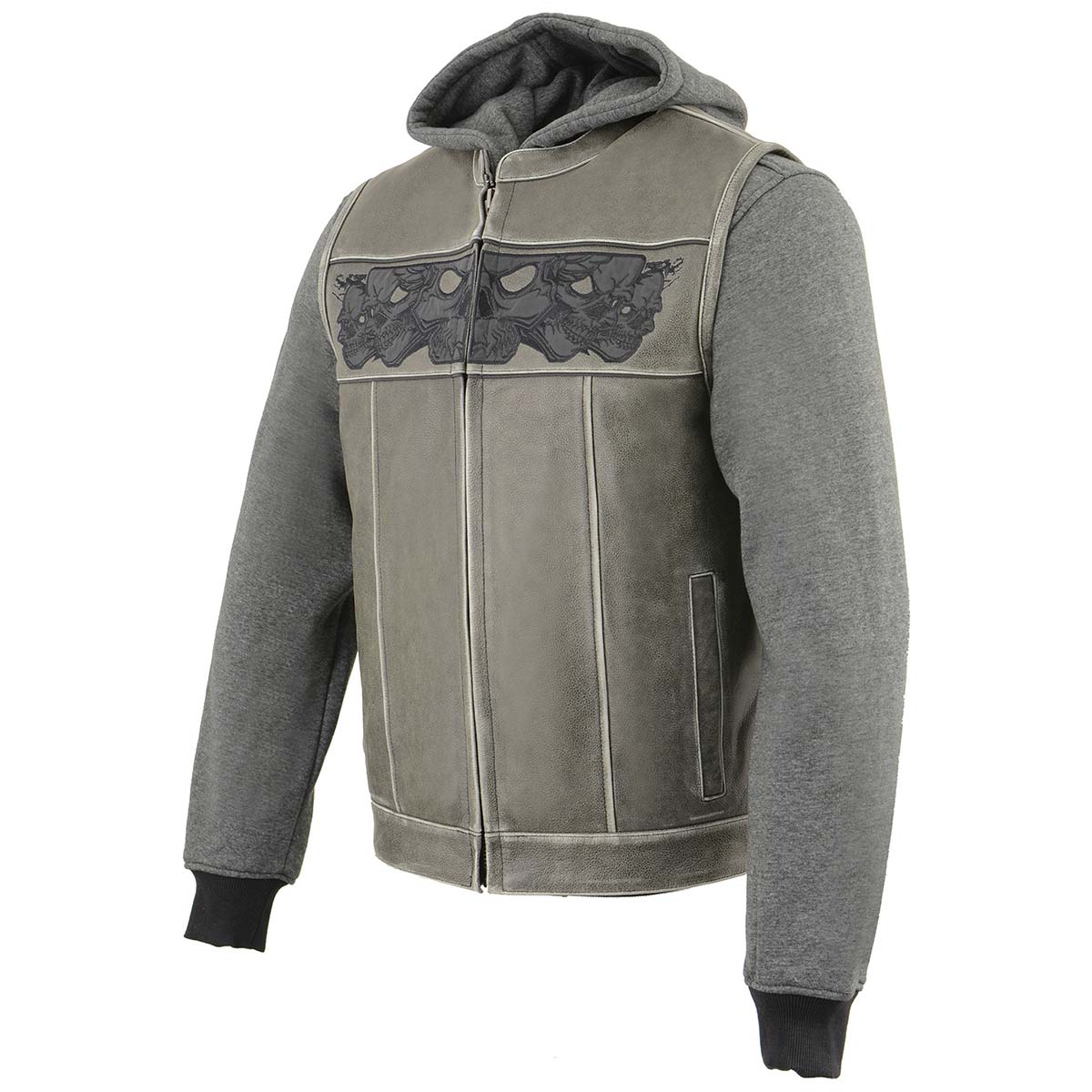 MLM3562 Men's Leather Vest w/ Removeable Hoodie - Distress Grey Reflective Skulls Motorcycle Vest