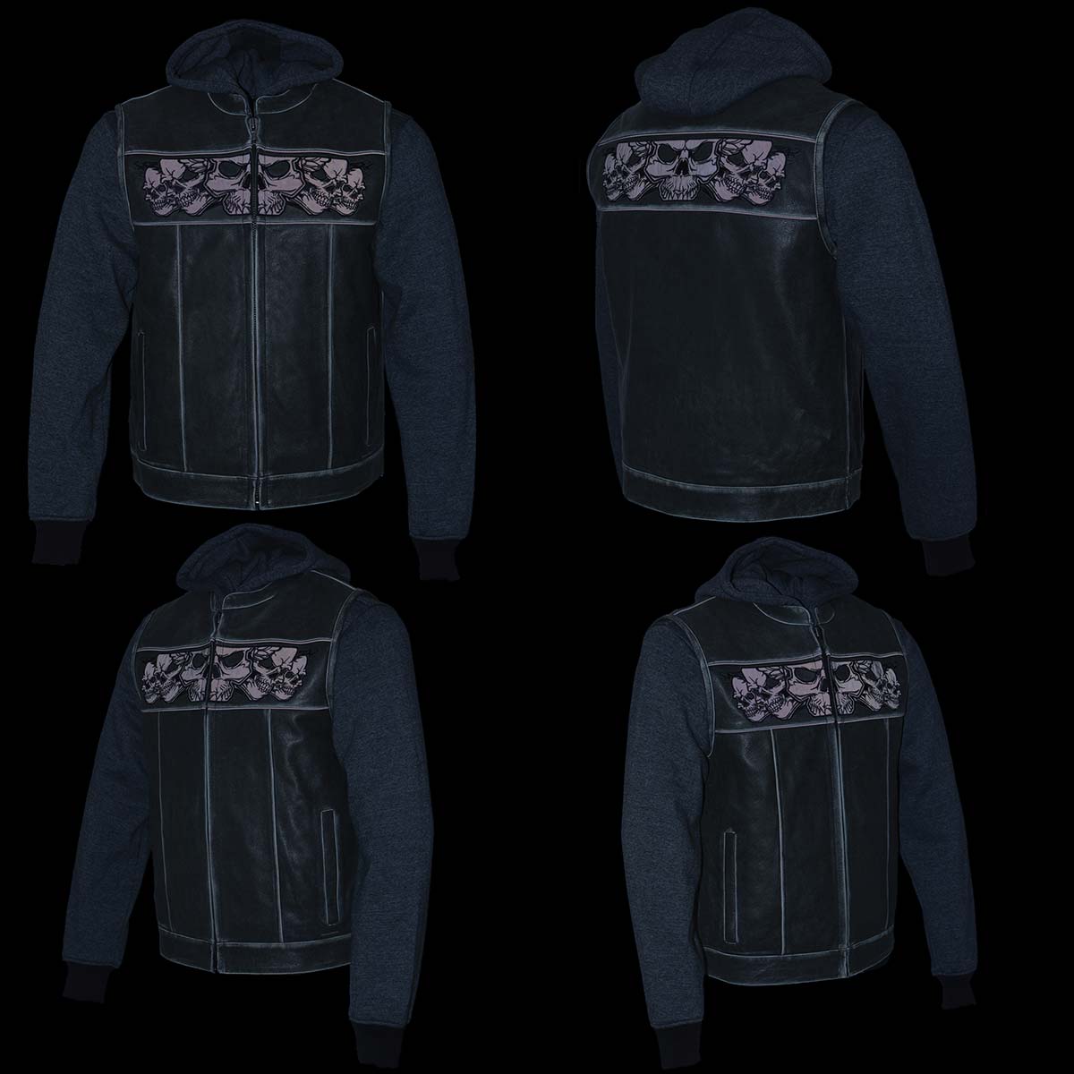MLM3562 Men's Leather Vest w/ Removeable Hoodie - Distress Grey Reflective Skulls Motorcycle Vest