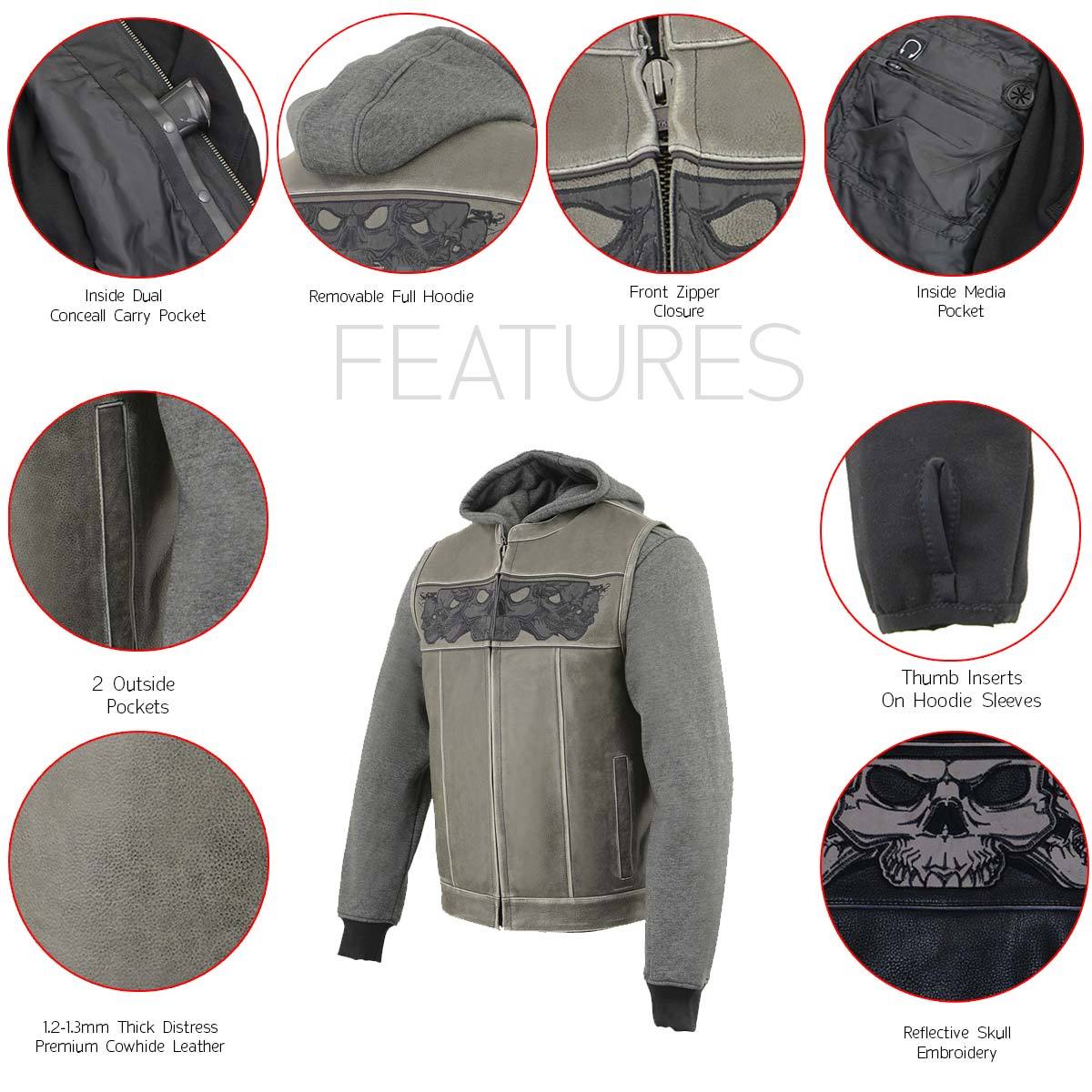 MLM3562 Men's Leather Vest w/ Removeable Hoodie - Distress Grey Reflective Skulls Motorcycle Vest