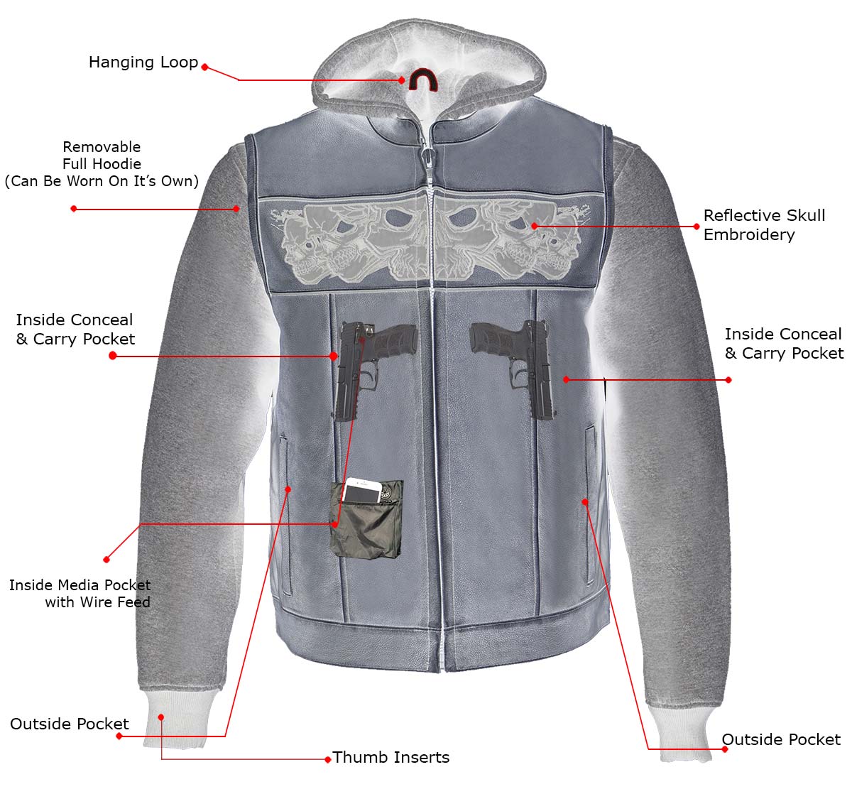 MLM3562 Men's Leather Vest w/ Removeable Hoodie - Distress Grey Reflective Skulls Motorcycle Vest