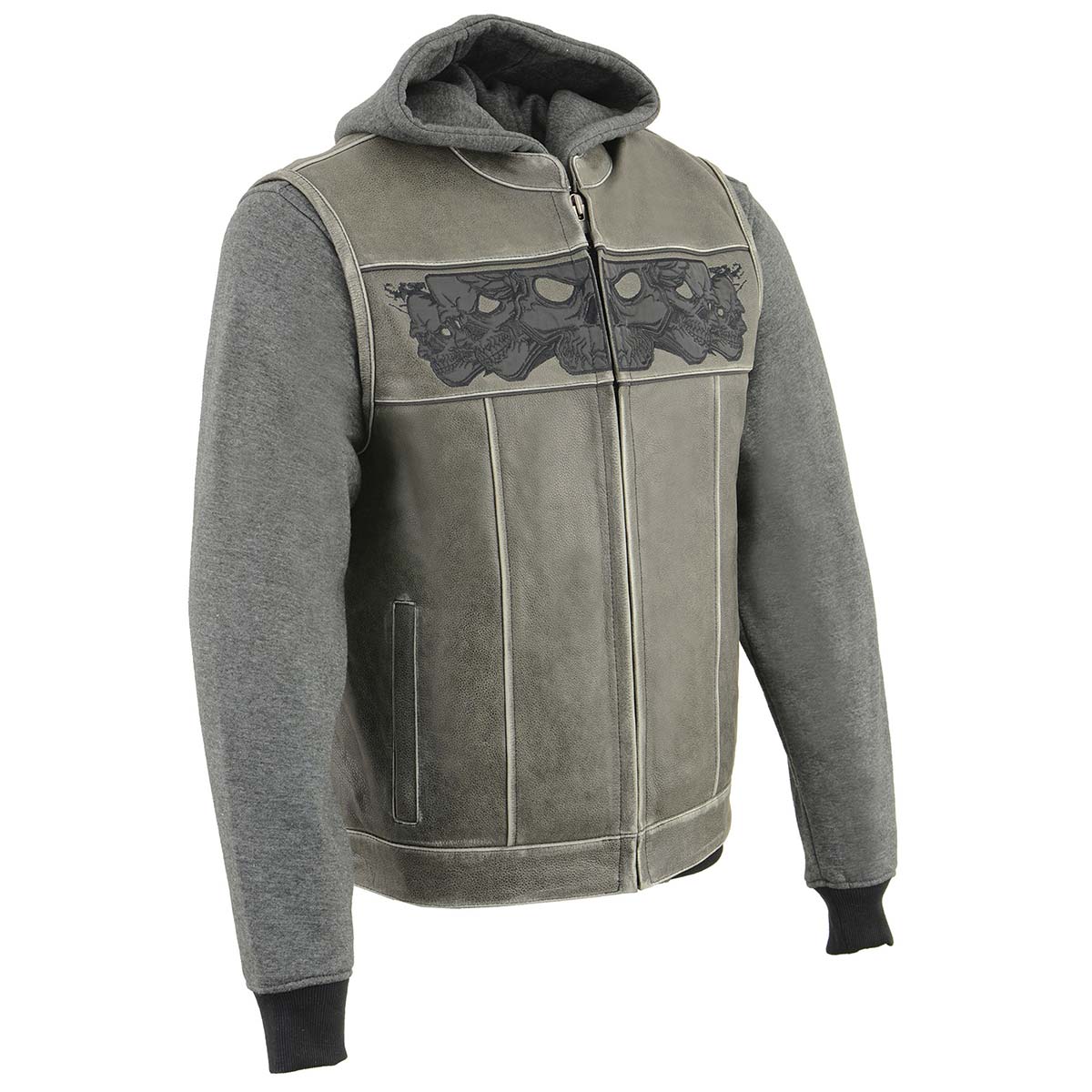 MLM3562 Men's Leather Vest w/ Removeable Hoodie - Distress Grey Reflective Skulls Motorcycle Vest