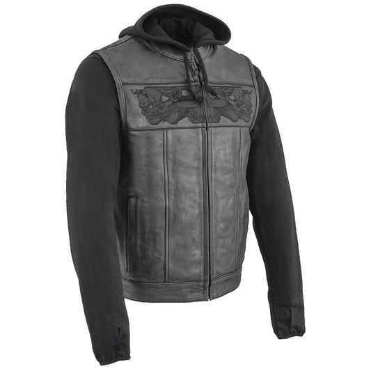 MLM3563 Men's Leather Vest w/ Removeable Hoodie - Black 2 in 1 Reflective Skulls Motorcycle Vest