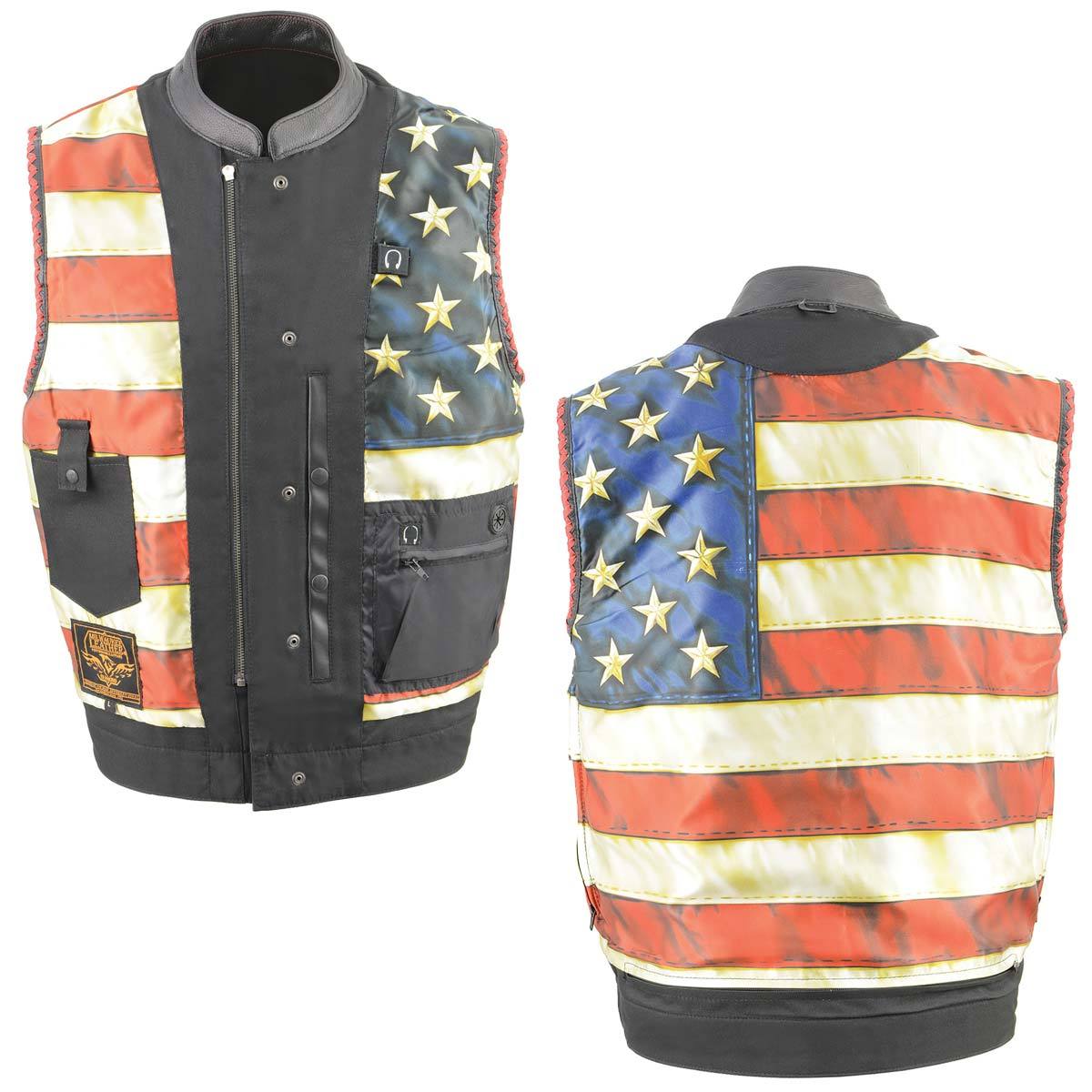 MLM3506 Men's Black Premium Leather Vest - Old Glory Laced Armholes Red Stitching Club Style Vest