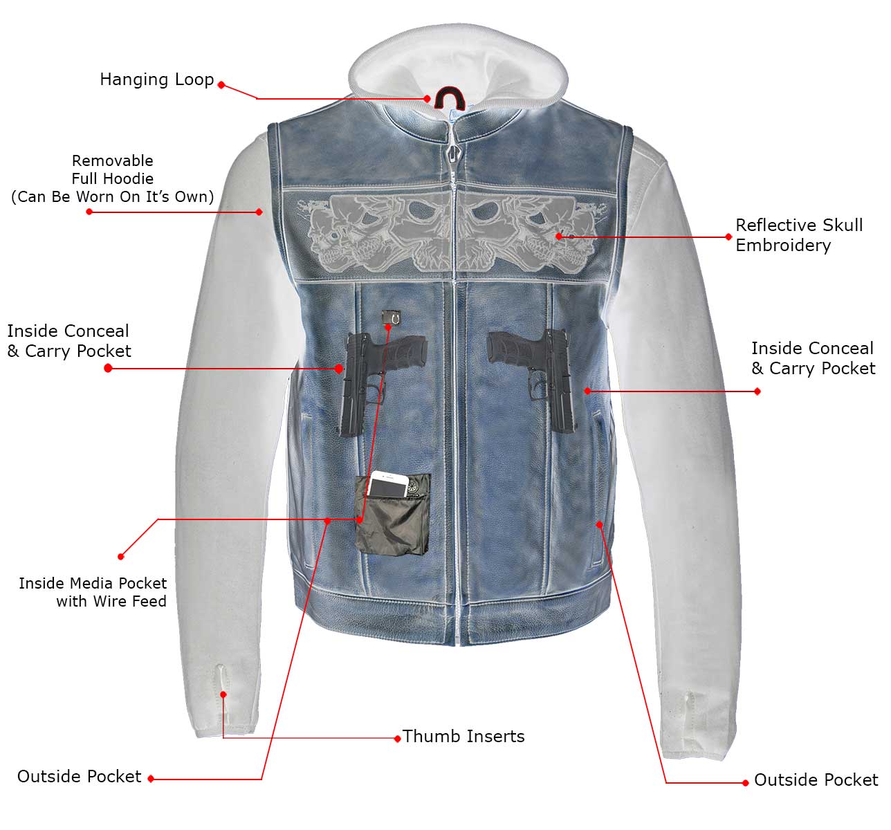 MLM3561 Men's Leather Vest w/ Removeable Hoodie- Distress Brown Reflective Skulls Motorcycle Vest