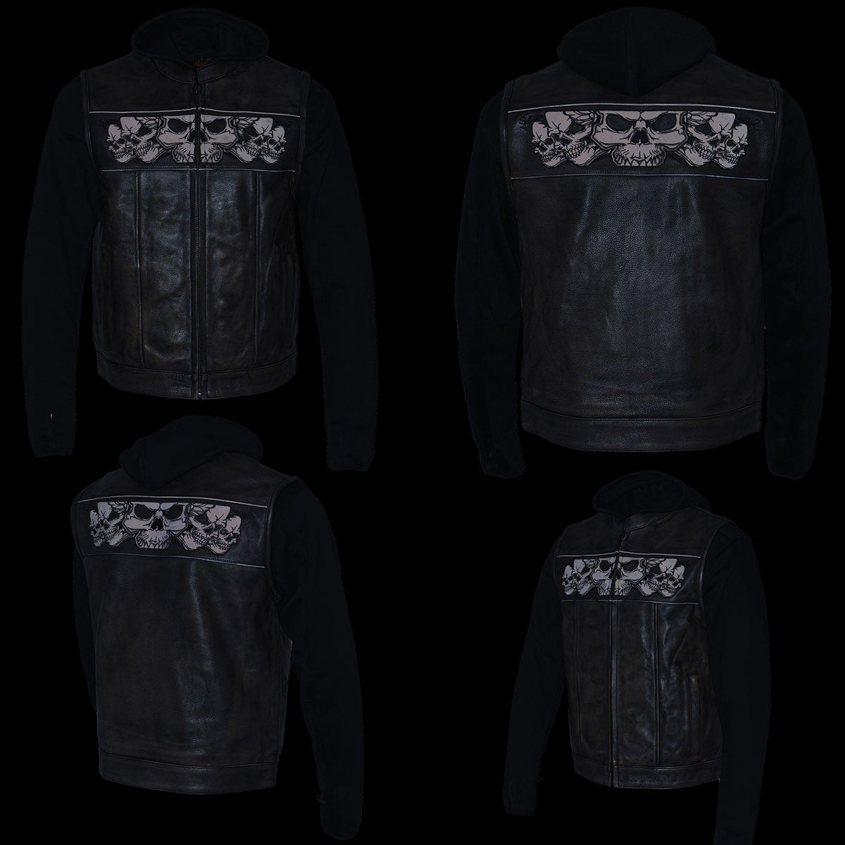 MLM3561 Men's Leather Vest w/ Removeable Hoodie- Distress Brown Reflective Skulls Motorcycle Vest