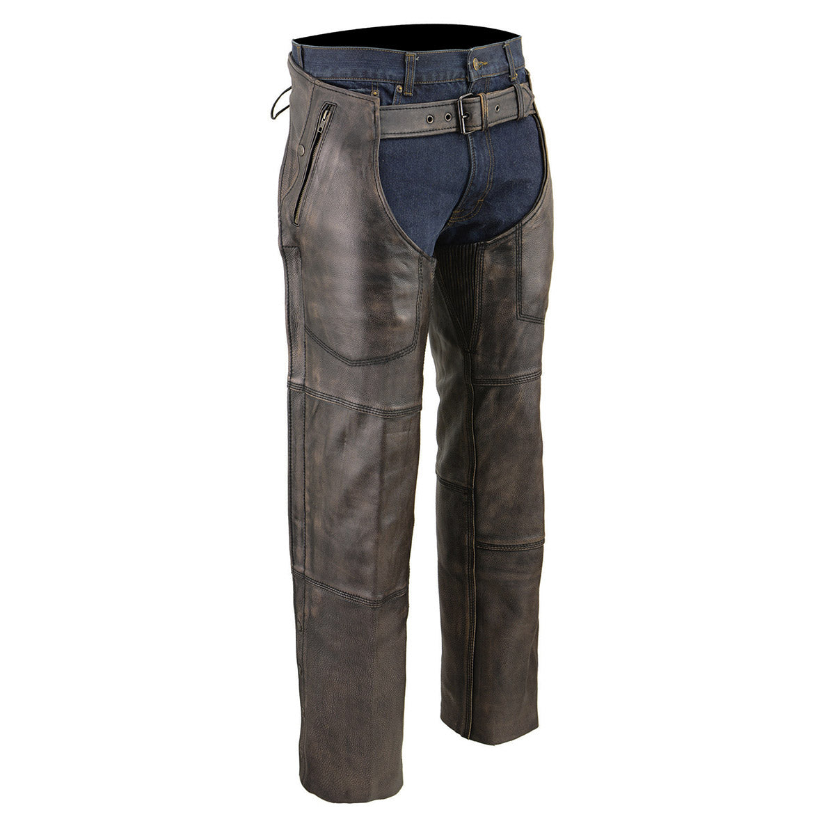 Chaps for Men's Distressed Brown Leather Snap Out Thermal Lined 4-Pockets Motorcycle Chap MLM5500