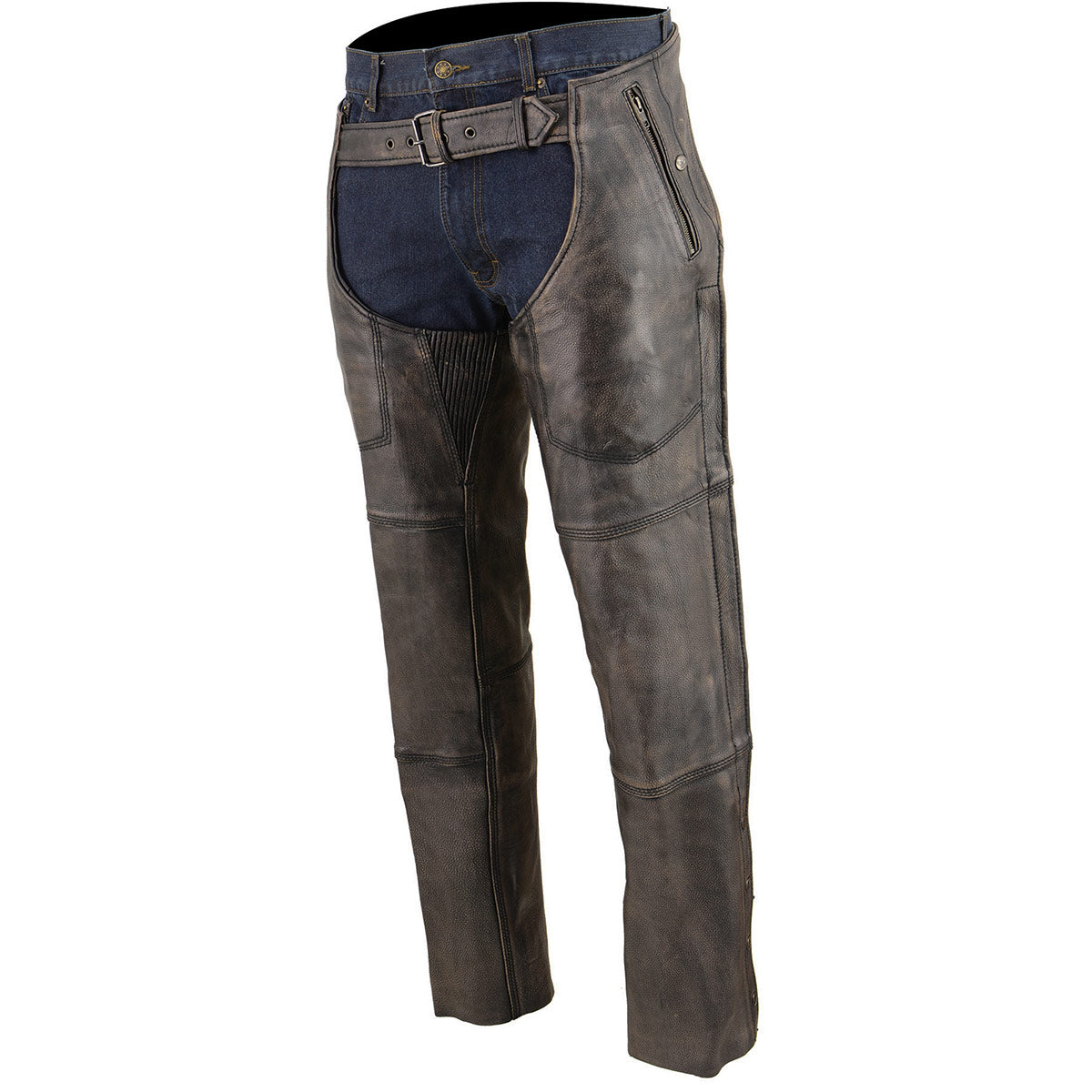 Chaps for Men's Distressed Brown Leather Snap Out Thermal Lined 4-Pockets Motorcycle Chap MLM5500
