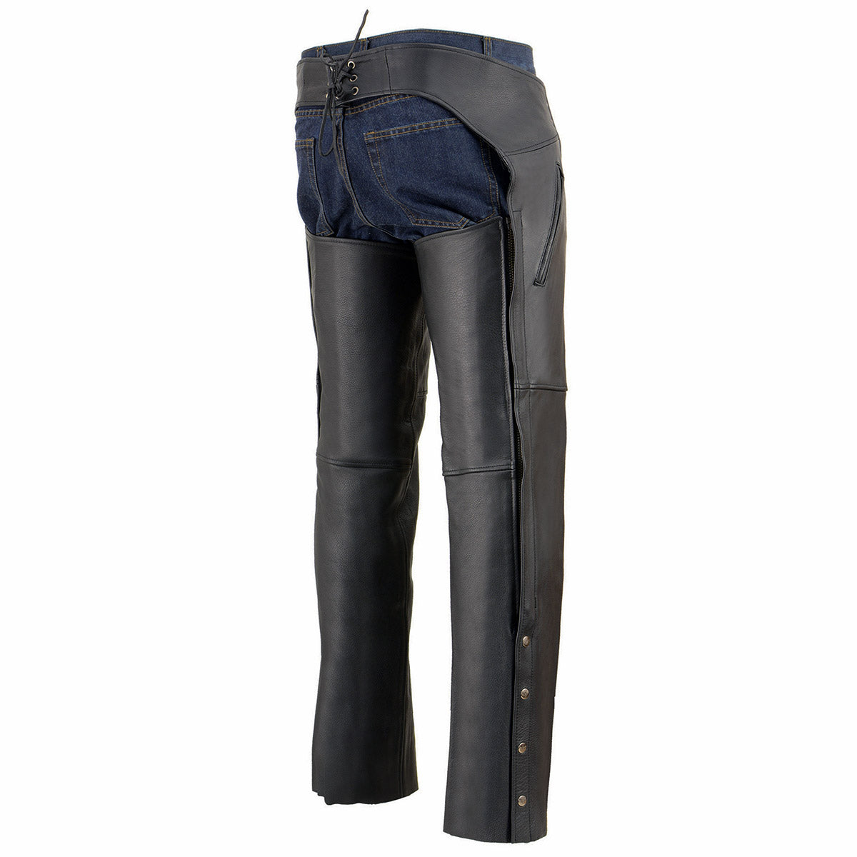 MLM5502 Men's Black Premium Leather Motorcycle Rider Chaps w/ Cool-Tec Leather Treatment