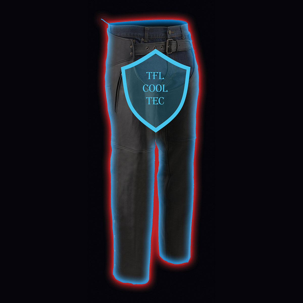 MLM5502 Men's Black Premium Leather Motorcycle Rider Chaps w/ Cool-Tec Leather Treatment