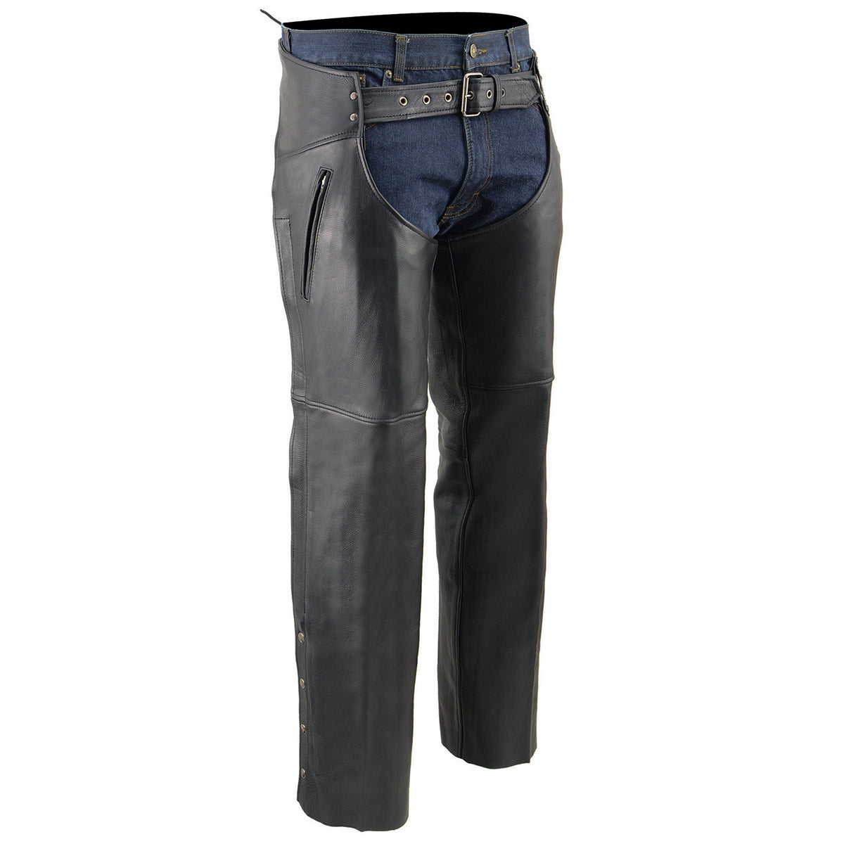 MLM5502 Men's Black Premium Leather Motorcycle Rider Chaps w/ Cool-Tec Leather Treatment