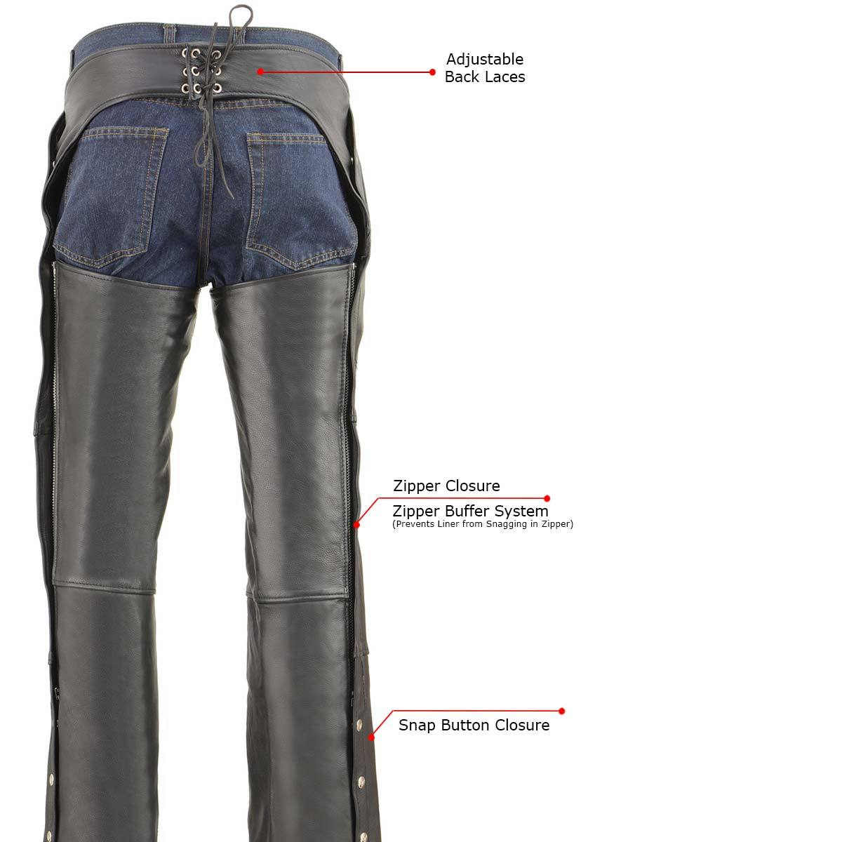 MLM5505 Men's Removal Thermal Lined Black Premium Leather Motorcycle Chaps w/ Cool-Tec Leather