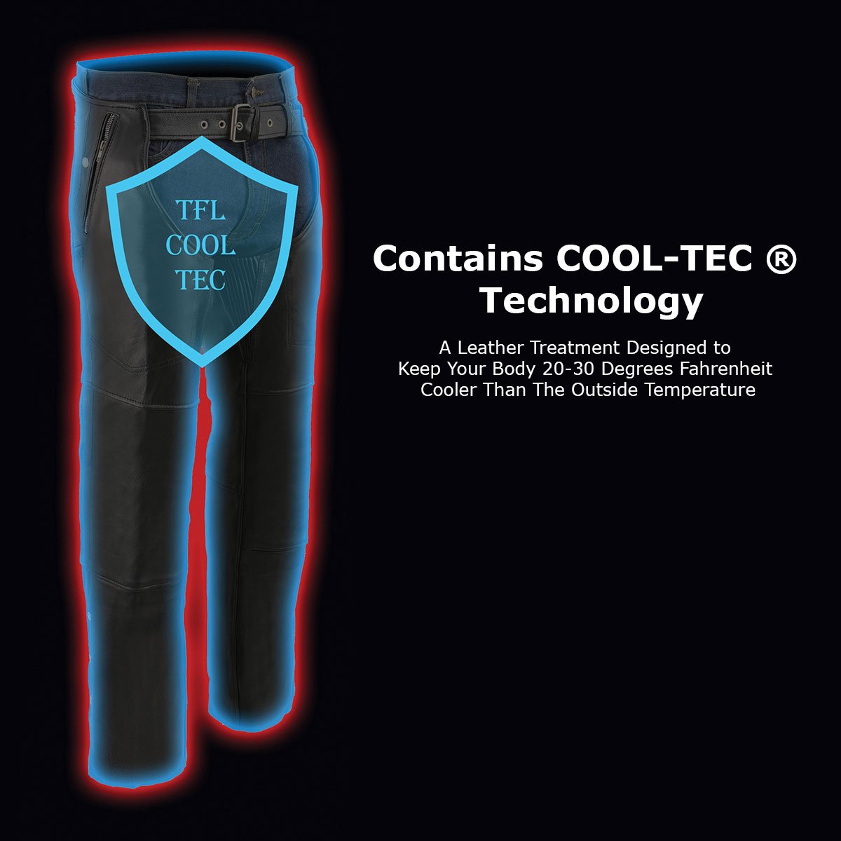 MLM5505 Men's Removal Thermal Lined Black Premium Leather Motorcycle Chaps w/ Cool-Tec Leather