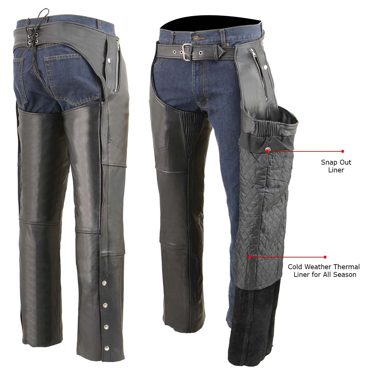 MLM5505 Men's Removal Thermal Lined Black Premium Leather Motorcycle Chaps w/ Cool-Tec Leather