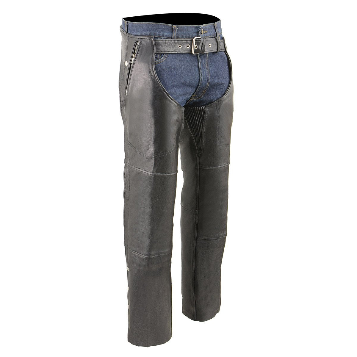 MLM5505 Men's Removal Thermal Lined Black Premium Leather Motorcycle Chaps w/ Cool-Tec Leather