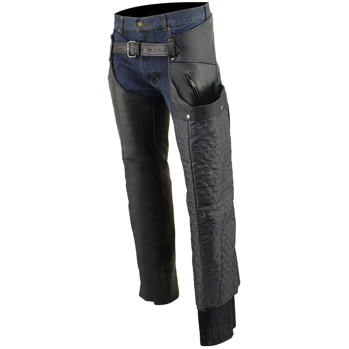 MLM5513 Men's Black 'Heated' Motorcycle Leather Winter Chaps with Zippered Thigh Pockets