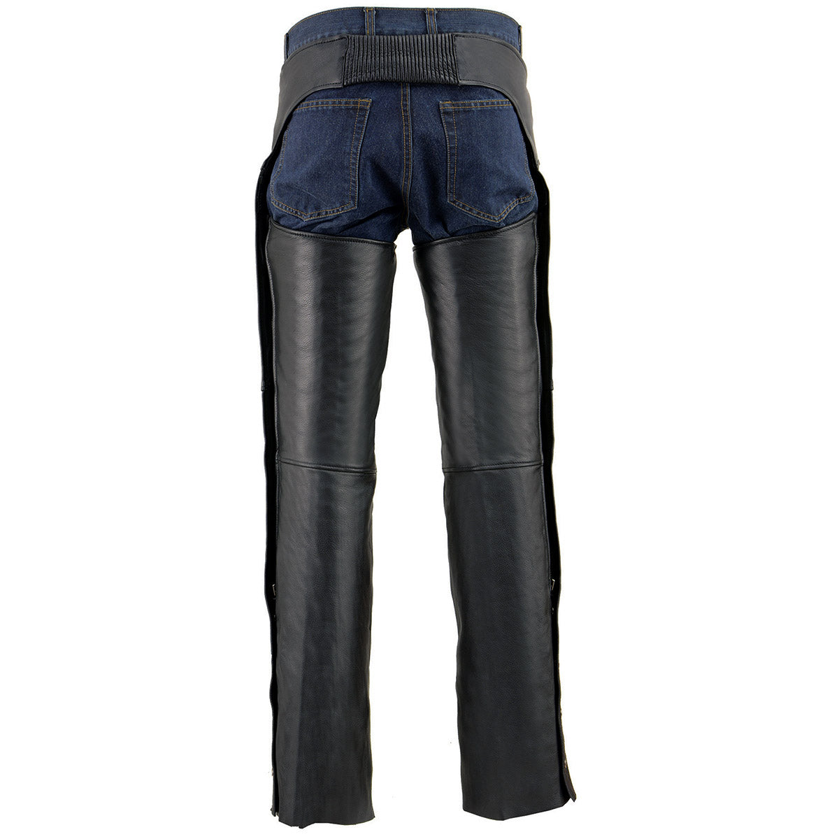 MLM5513 Men's Black 'Heated' Motorcycle Leather Winter Chaps with Zippered Thigh Pockets
