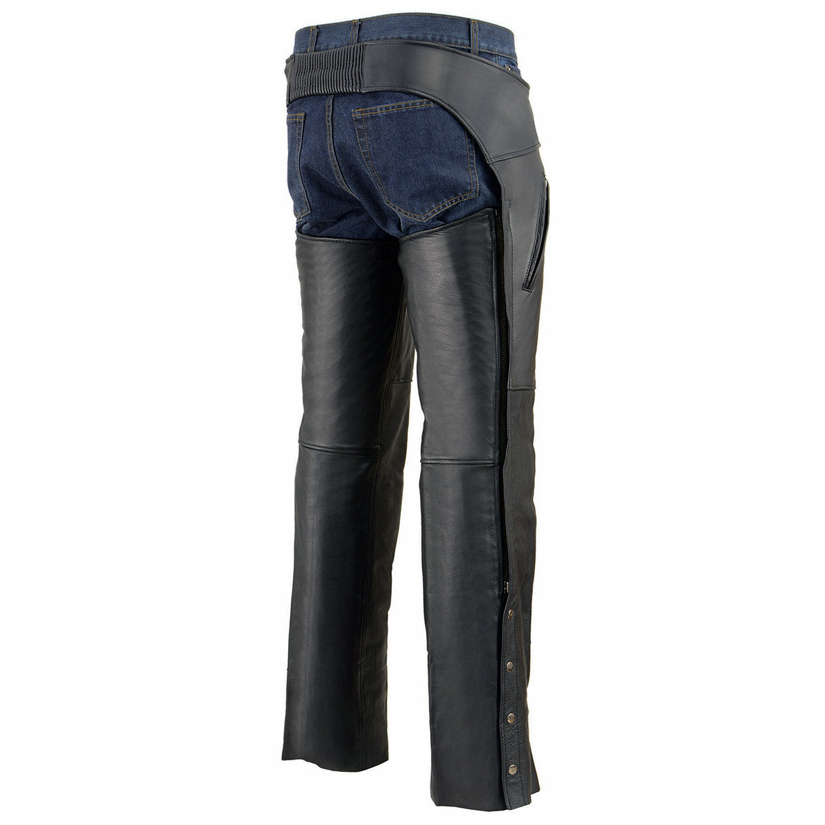 MLM5513 Men's Black 'Heated' Motorcycle Leather Winter Chaps with Zippered Thigh Pockets