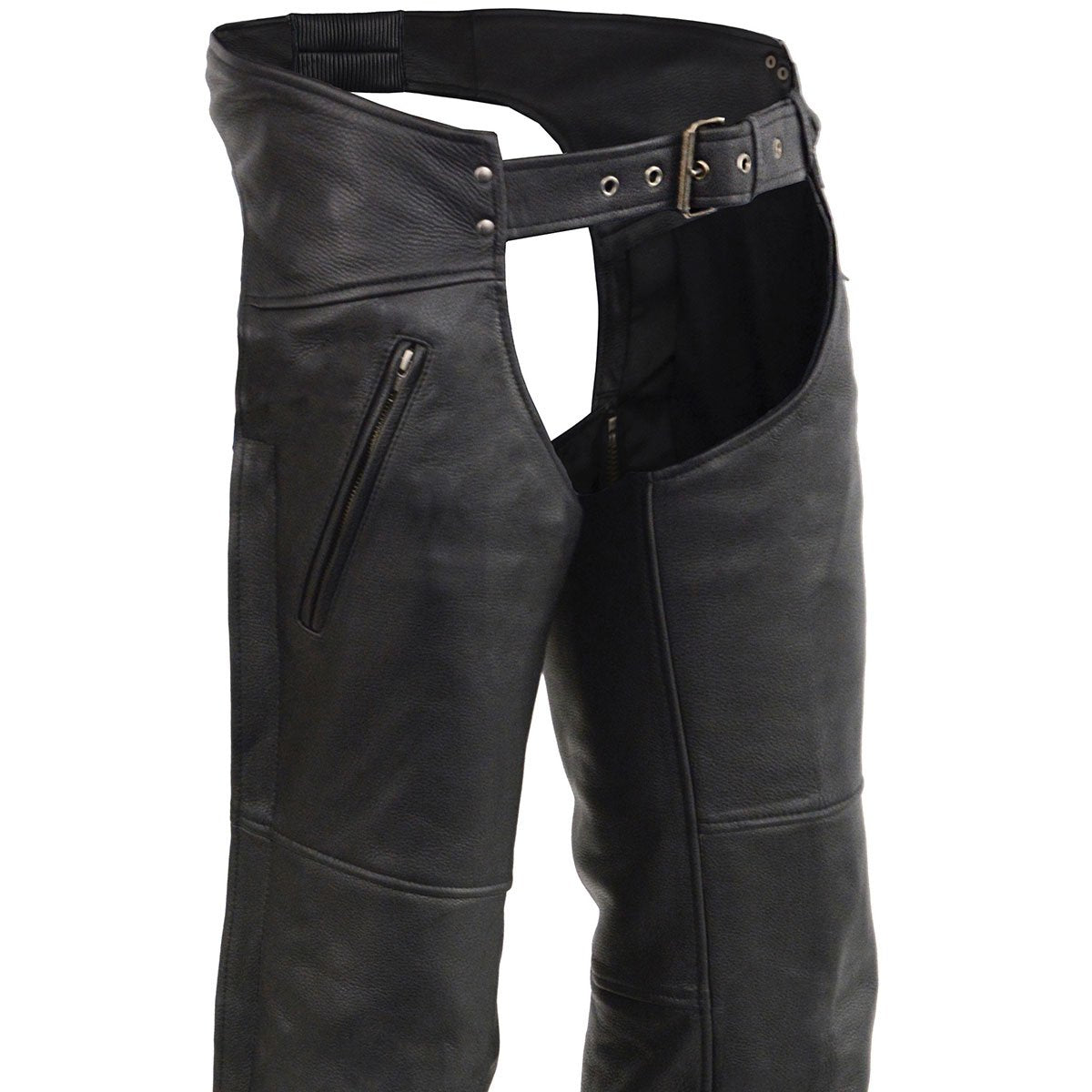 MLM5513 Men's Black 'Heated' Motorcycle Leather Winter Chaps with Zippered Thigh Pockets