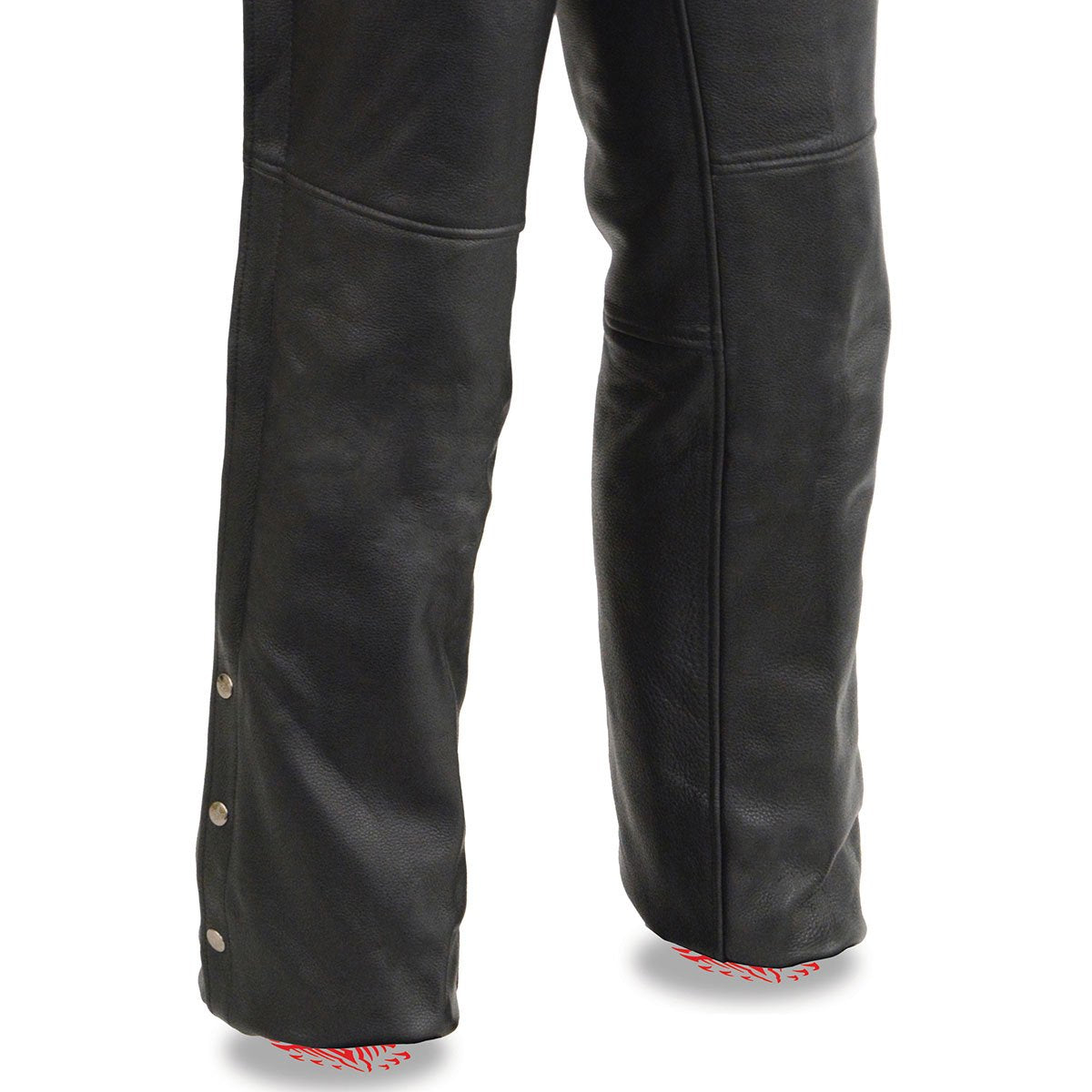 MLM5513 Men's Black 'Heated' Motorcycle Leather Winter Chaps with Zippered Thigh Pockets