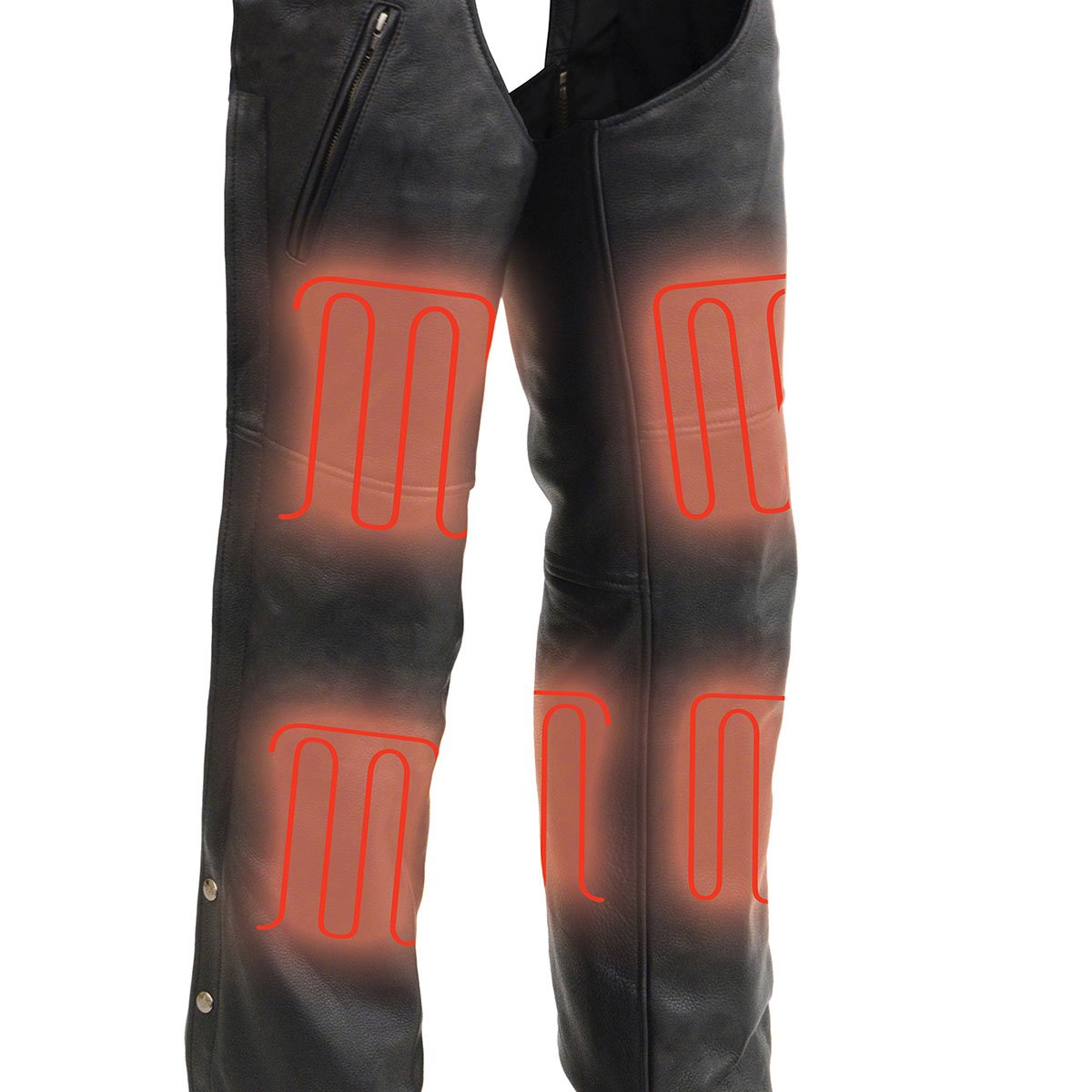 MLM5513 Men's Black 'Heated' Motorcycle Leather Winter Chaps with Zippered Thigh Pockets