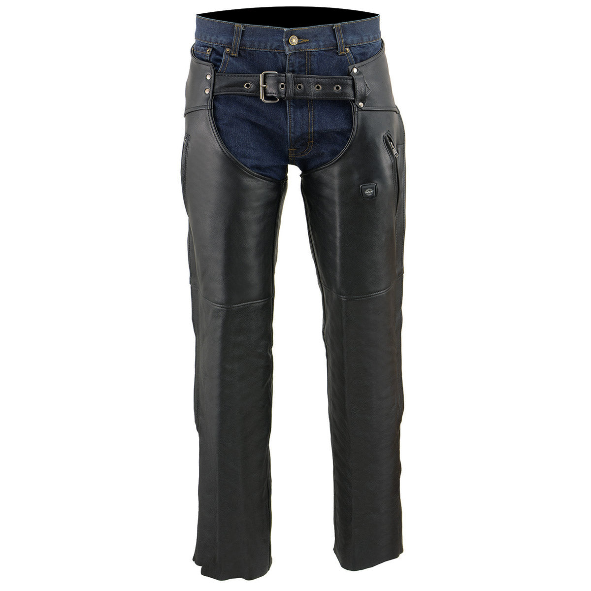 MLM5513 Men's Black 'Heated' Motorcycle Leather Winter Chaps with Zippered Thigh Pockets