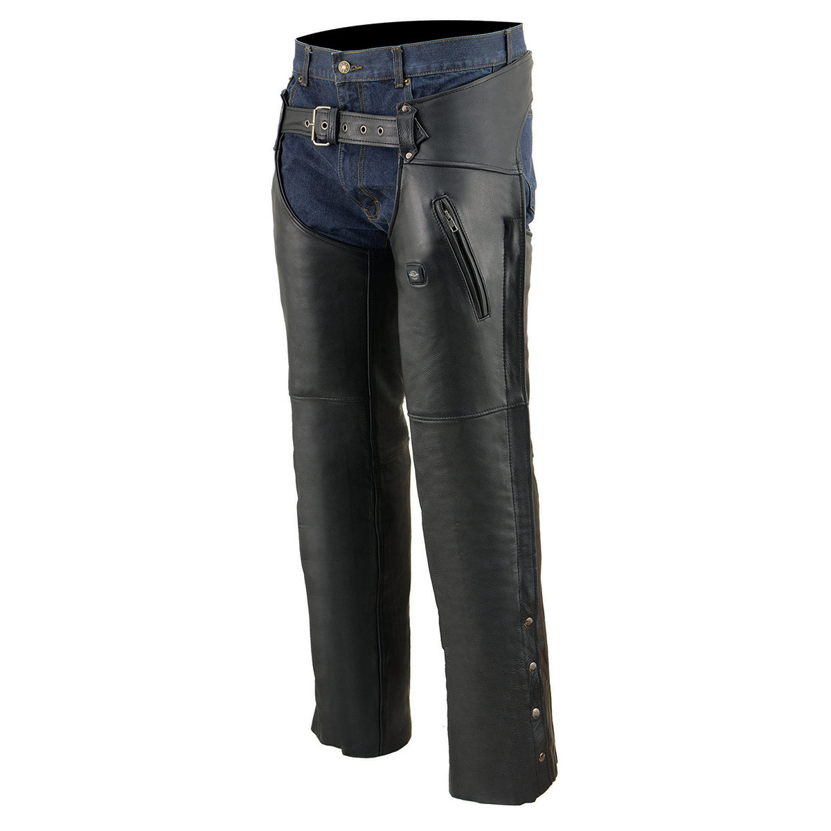 MLM5513 Men's Black 'Heated' Motorcycle Leather Winter Chaps with Zippered Thigh Pockets