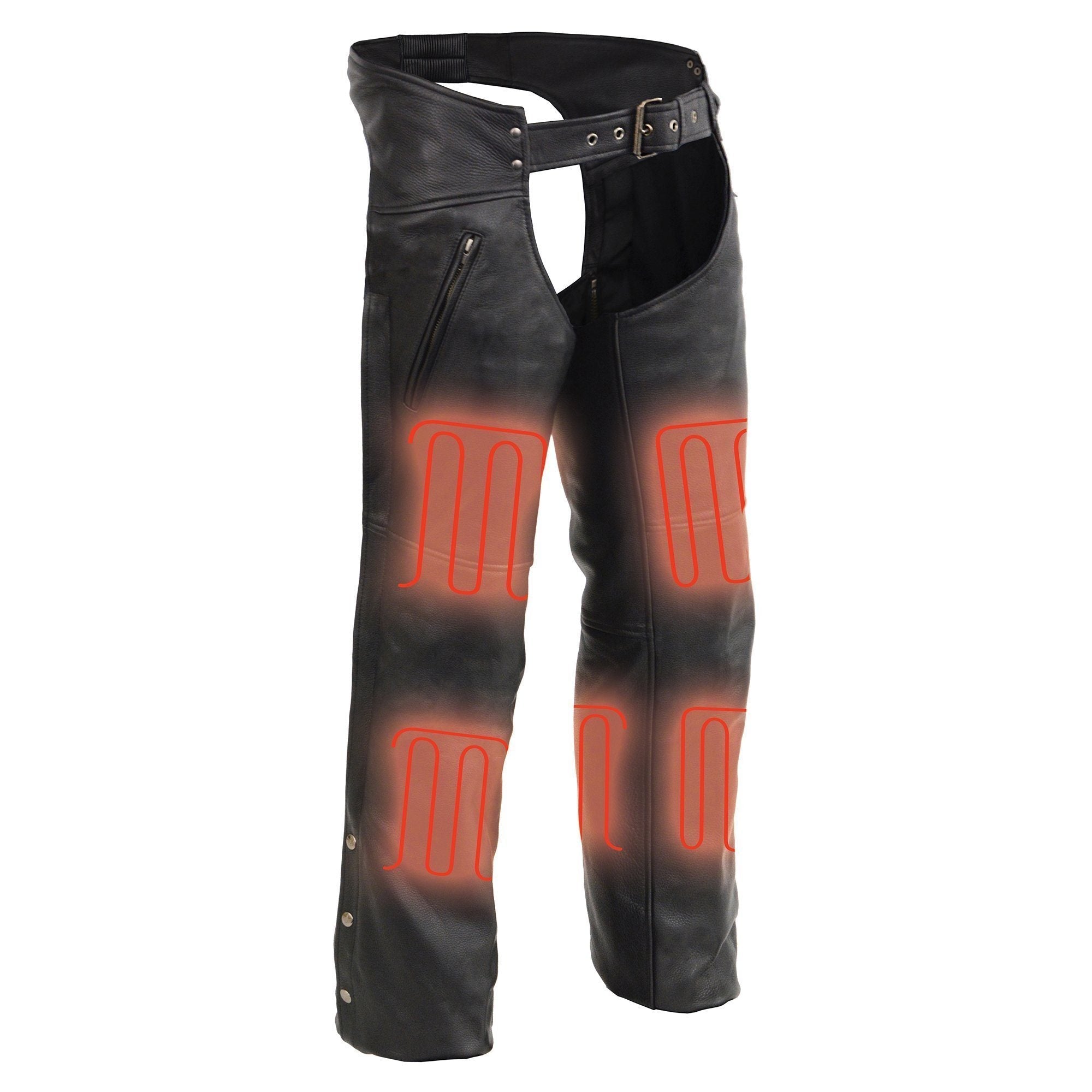 MLM5513 Men's Black 'Heated' Motorcycle Leather Winter Chaps with Zippered Thigh Pockets