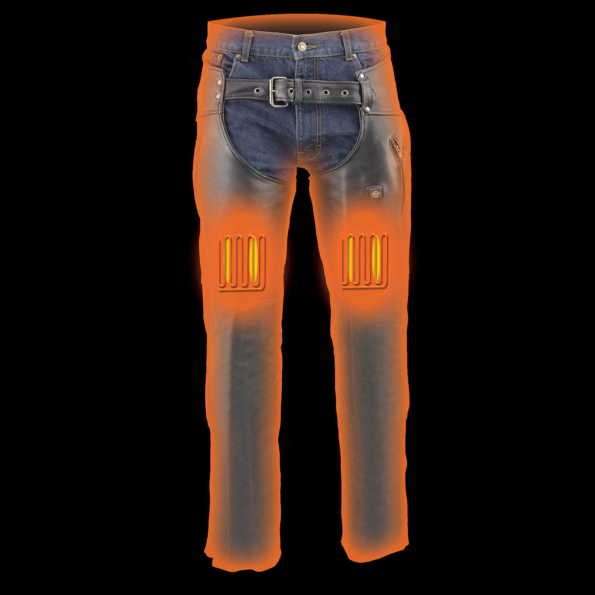 MLM5513 Men's Black 'Heated' Motorcycle Leather Winter Chaps with Zippered Thigh Pockets