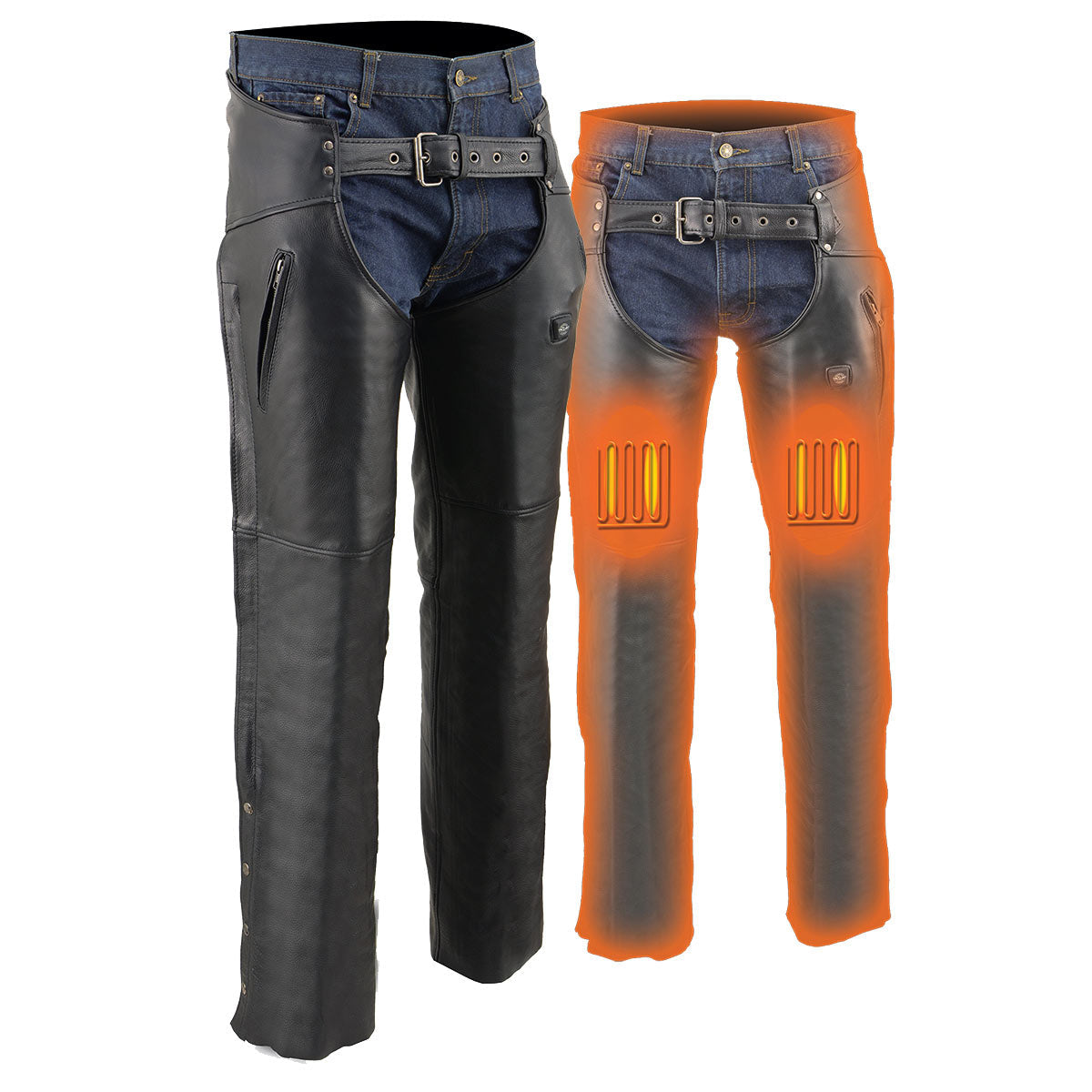 MLM5513 Men's Black 'Heated' Motorcycle Leather Winter Chaps with Zippered Thigh Pockets