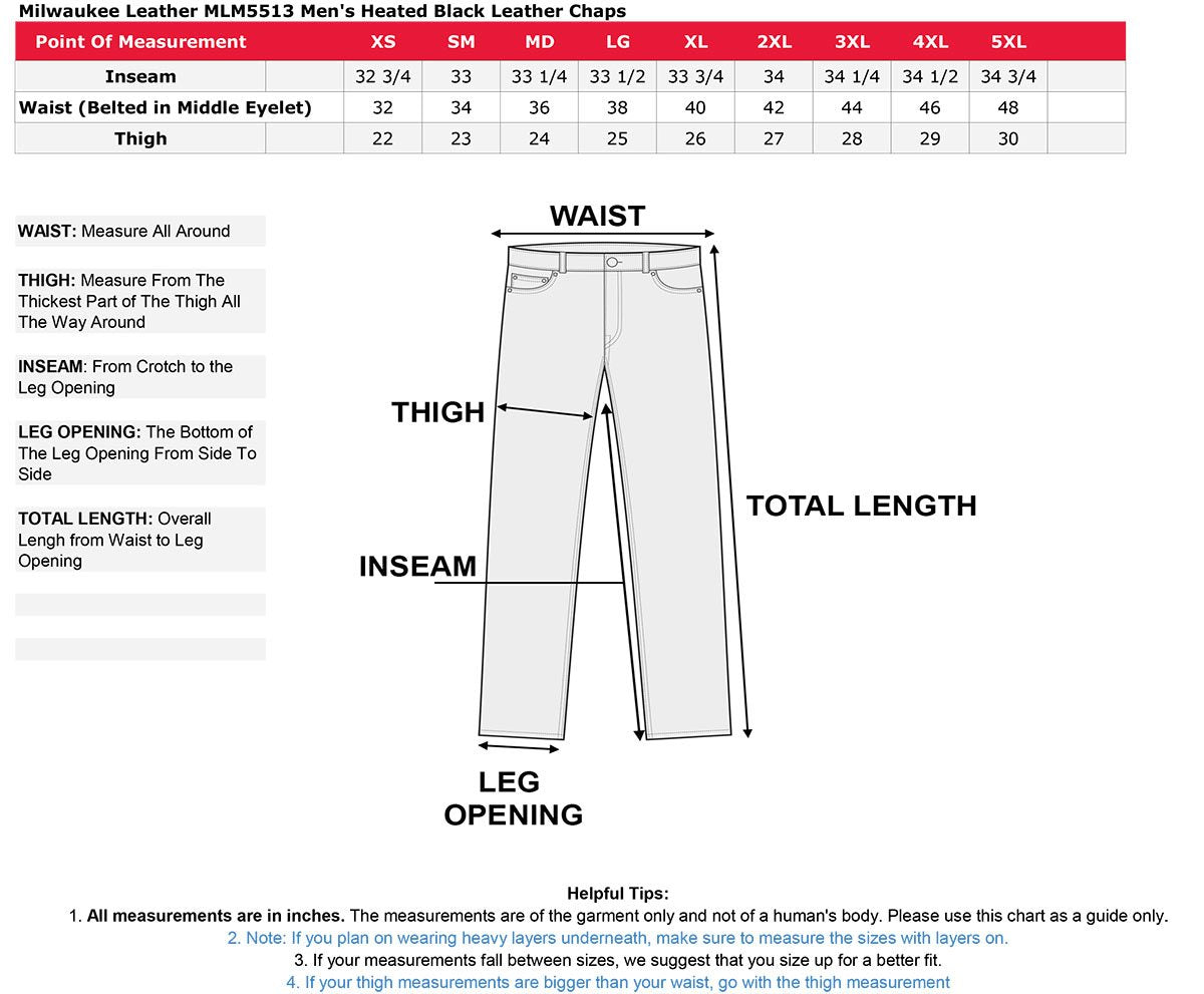 MLM5513 Men's Black 'Heated' Motorcycle Leather Winter Chaps with Zippered Thigh Pockets