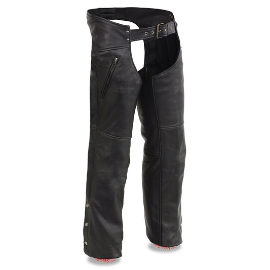 MLM5513 Men's Black 'Heated' Motorcycle Leather Winter Chaps with Zippered Thigh Pockets