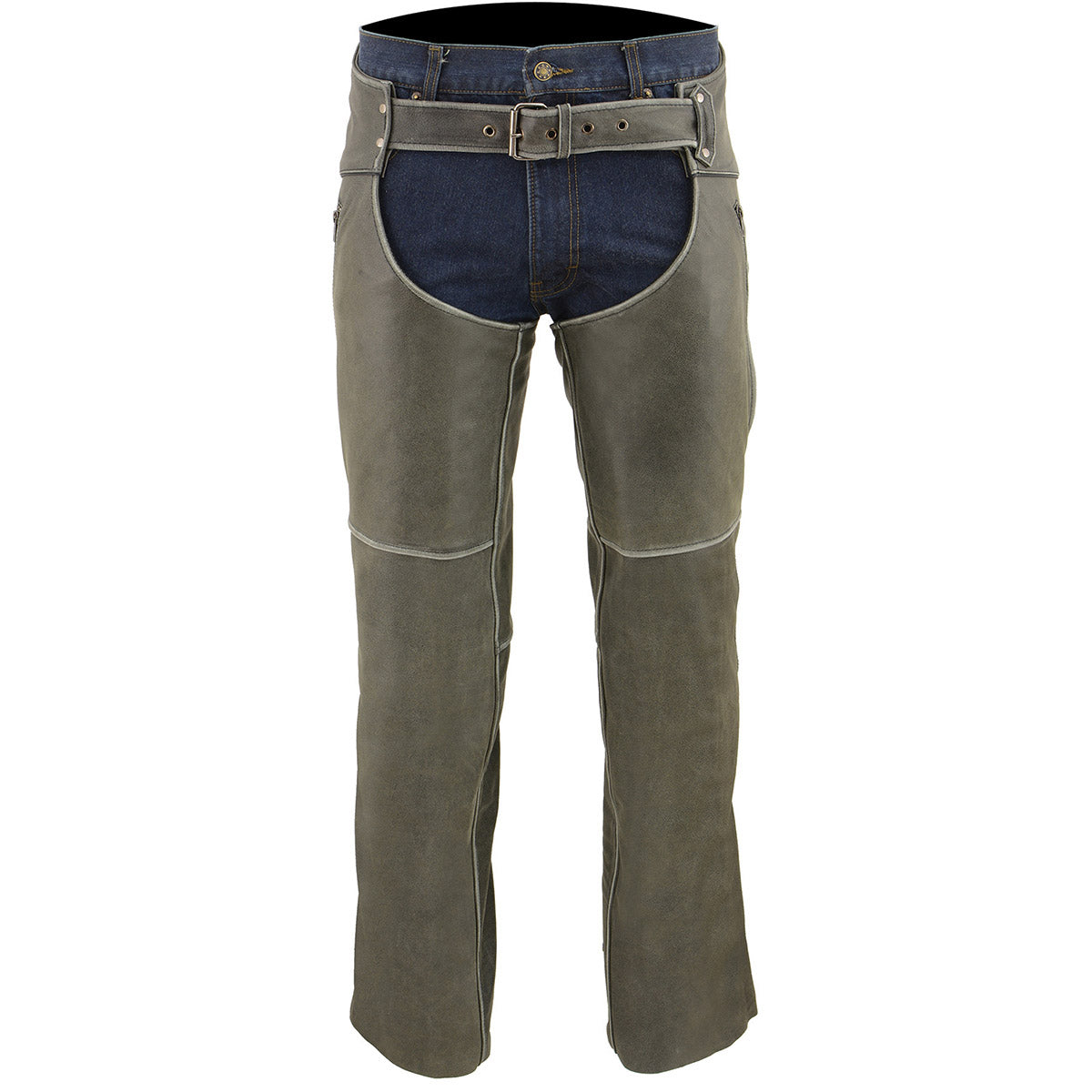 Chaps for Men's Vintage Grey Slate Leather - Deep Zipped Thigh Pockets Motorcycle Chap - MLM5536