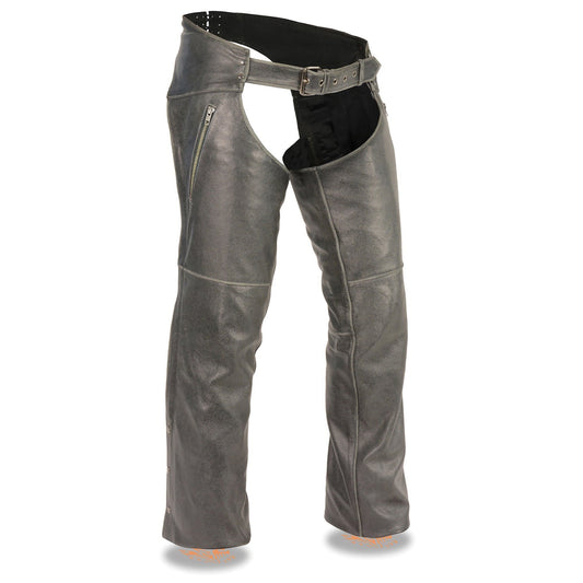 Chaps for Men's Vintage Grey Slate Leather - Deep Zipped Thigh Pockets Motorcycle Chap - MLM5536