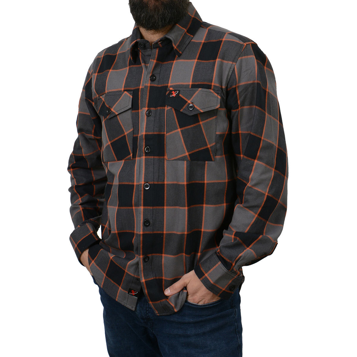 MNG11648 Men's Grey with Brown and Orange Long Sleeve Cotton Flannel Shirt