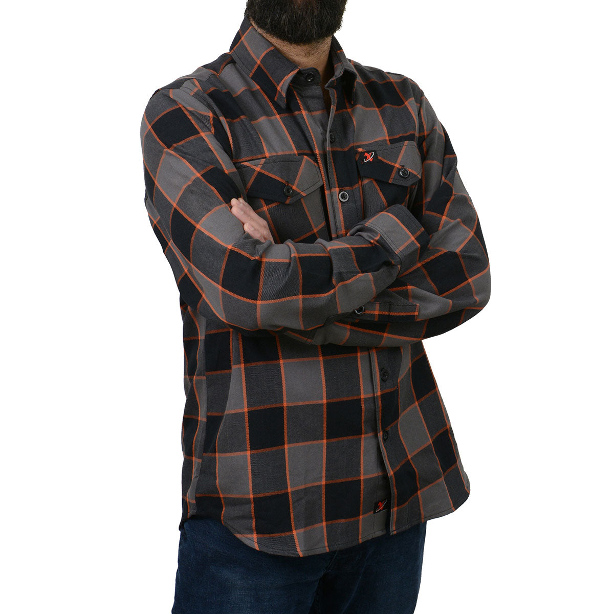 MNG11648 Men's Grey with Brown and Orange Long Sleeve Cotton Flannel Shirt
