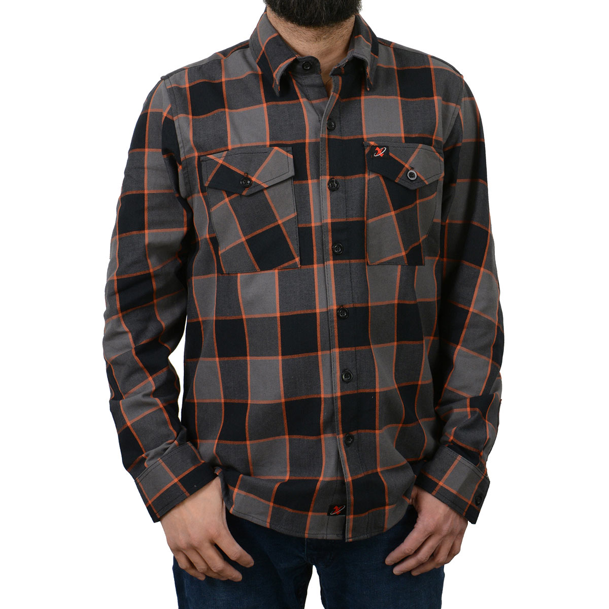 MNG11648 Men's Grey with Brown and Orange Long Sleeve Cotton Flannel Shirt