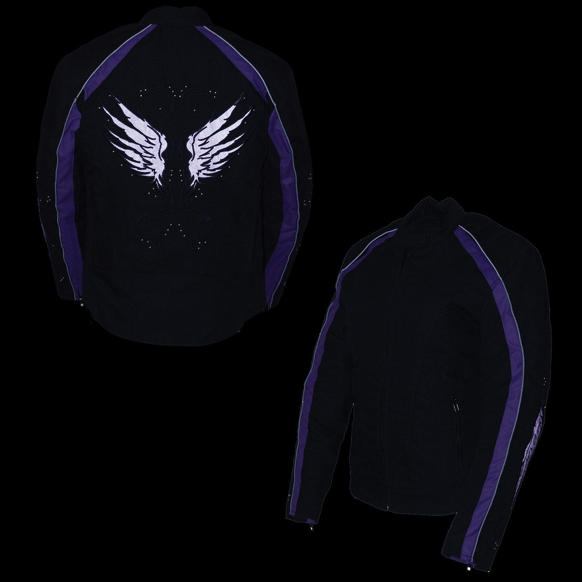 MPL1954 Women's 'Studded Wings' Black and Purple Textile Moto Jacket