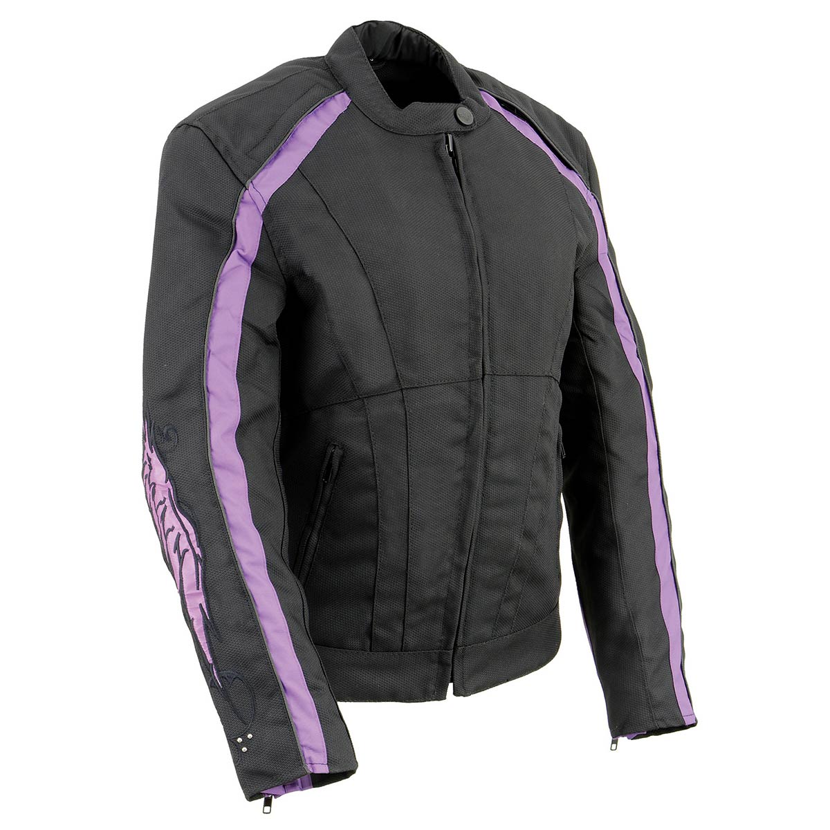 SH1954 Women's Black and Purple Textile Jacket with Stud and Wings Detailing