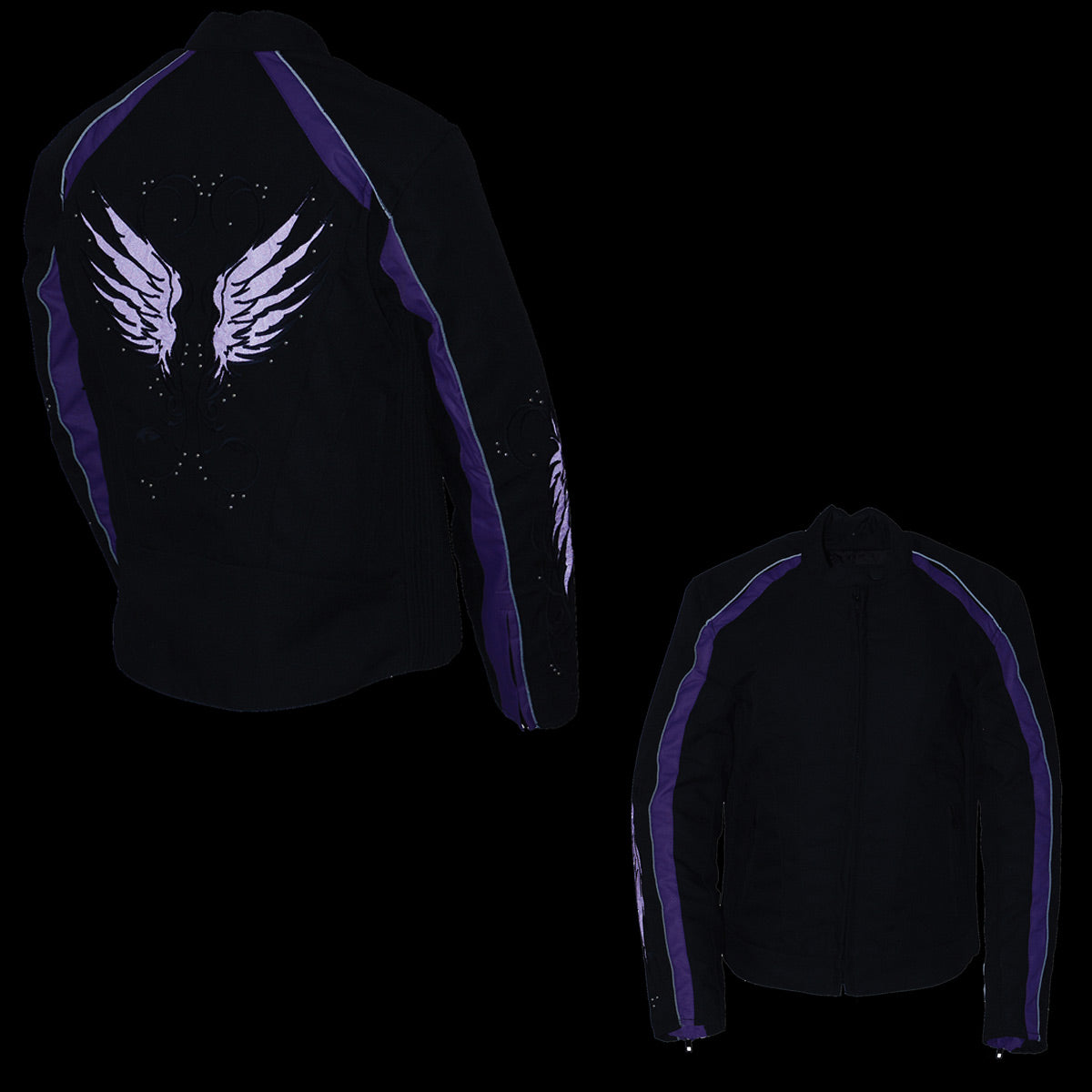 SH1954 Women's Black and Purple Textile Jacket with Stud and Wings Detailing