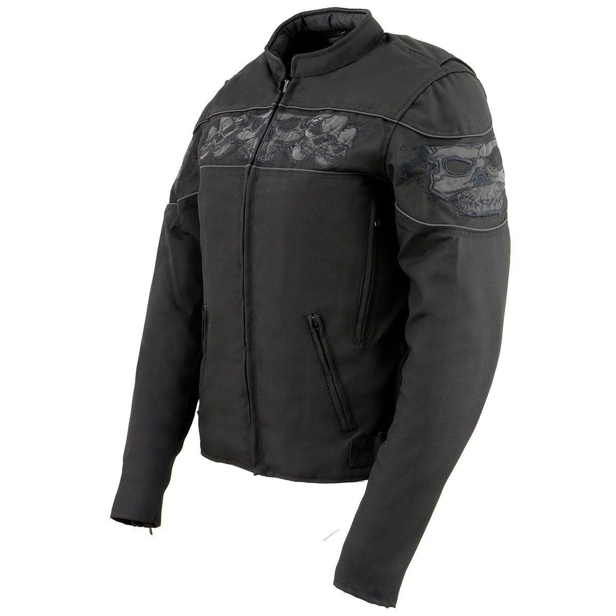 MPL2730 Women's Black Crossover Textile Scooter Jacket with Reflective Skulls