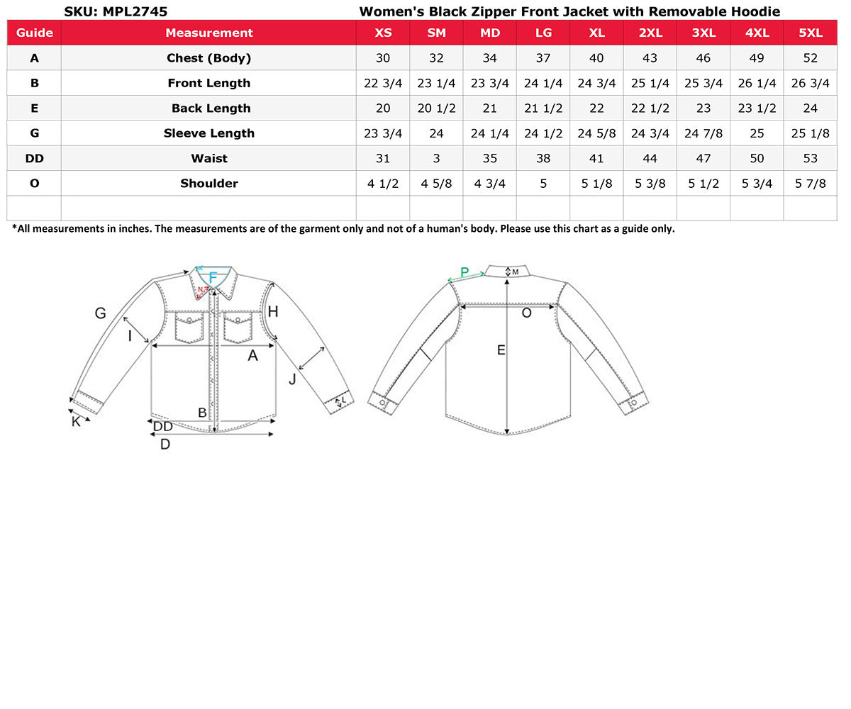 MPL2745 Women's Black Zipper Front Jacket with Full Sleeve Removable Hoodie