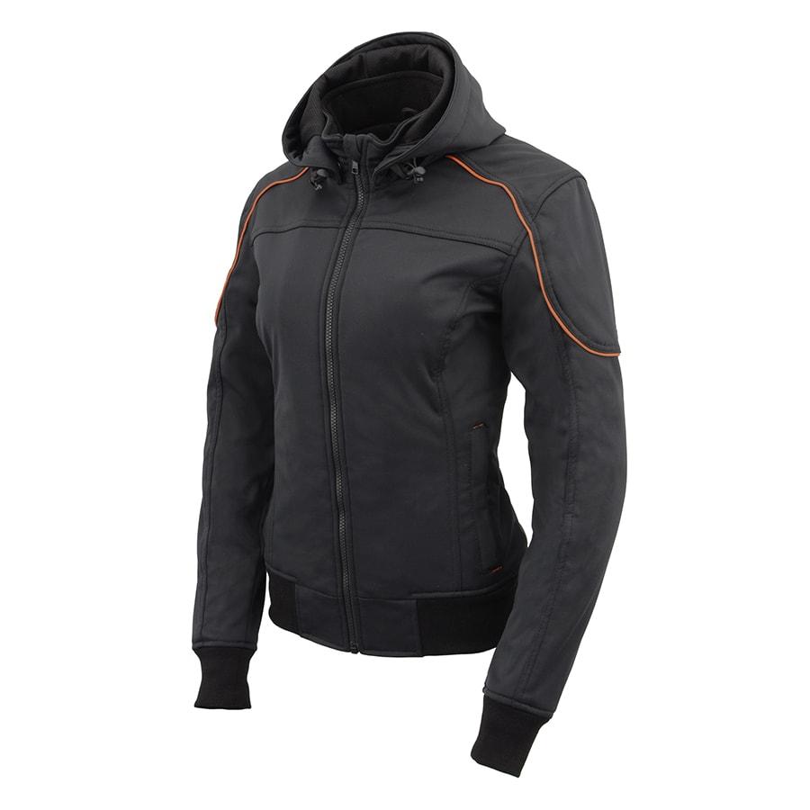 MPL2764 Women's Black Soft Shell Armored Motorcycle Racing Style Jacket with Hoodie