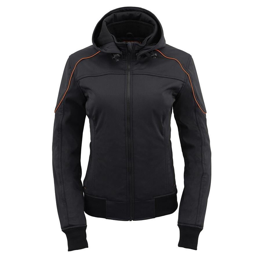 MPL2764 Women's Black Soft Shell Armored Motorcycle Racing Style Jacket with Hoodie