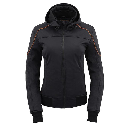 MPL2764 Women's Black Soft Shell Armored Motorcycle Racing Style Jacket with Hoodie