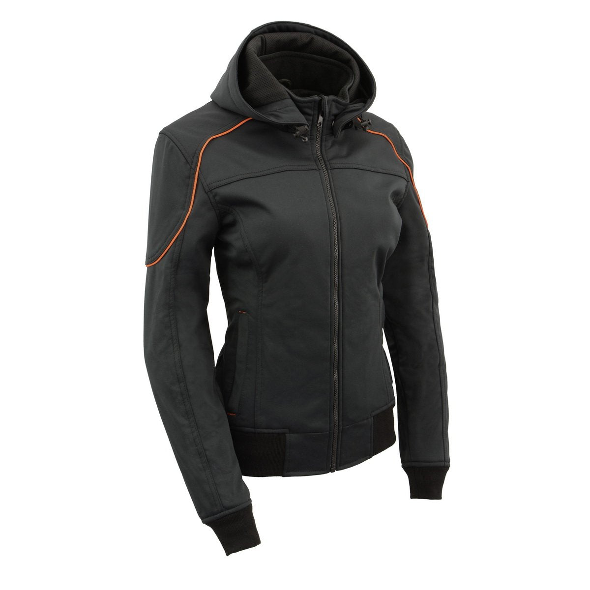 MPL2764 Women's Black Soft Shell Armored Motorcycle Racing Style Jacket with Hoodie