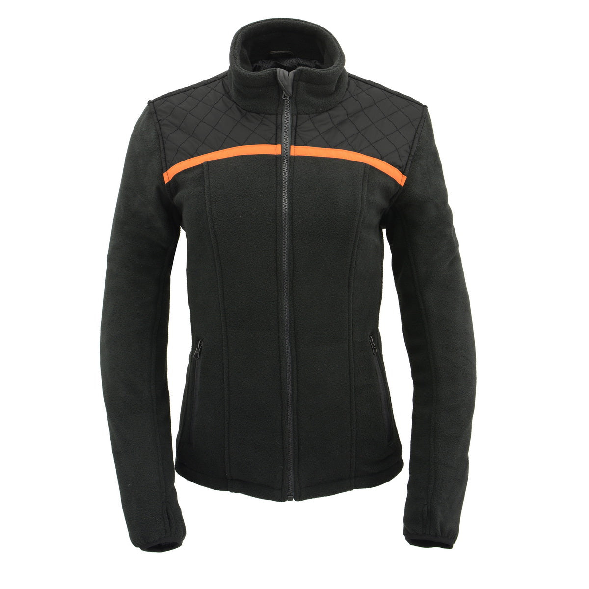 MPL2783 Women's Black Micro Fleece Zipper Front Jacket with Orange Stripe