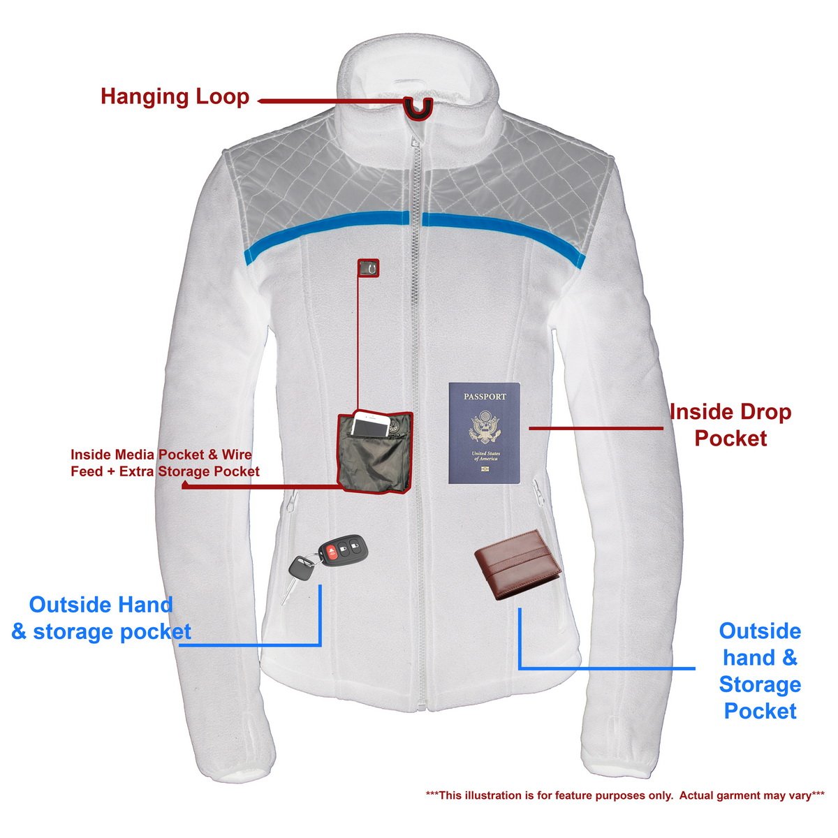 MPL2783 Women's Black Micro Fleece Zipper Front Jacket with Orange Stripe