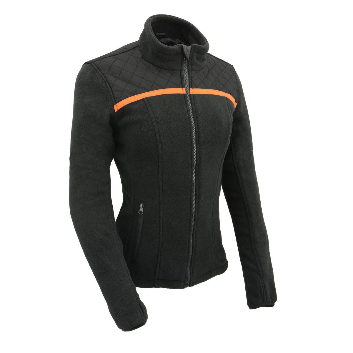 MPL2783 Women's Black Micro Fleece Zipper Front Jacket with Orange Stripe