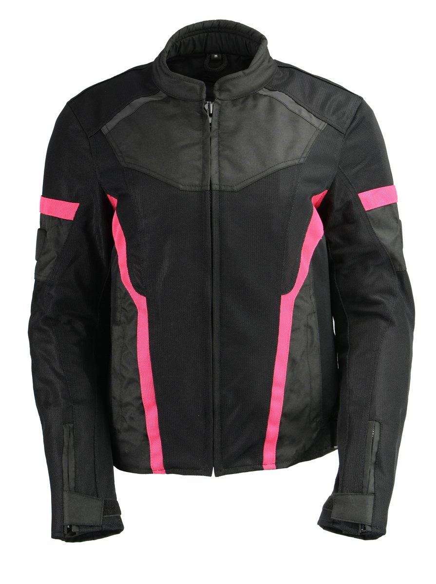 MPL2794 Black and Pink Mesh/Textile Armored Motorcycle Racer Jacket for Women - All Season Jackets