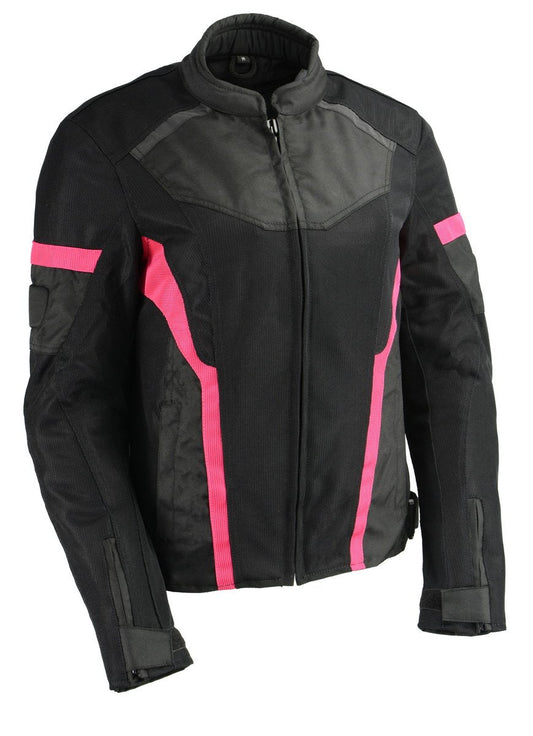 MPL2794 Black and Pink Mesh/Textile Armored Motorcycle Racer Jacket for Women - All Season Jackets